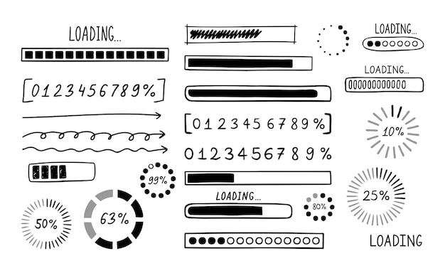 Loading bar doodle set Hand drawn element line loading sketch style Slow isolated download speed progress status and internet load bar concept