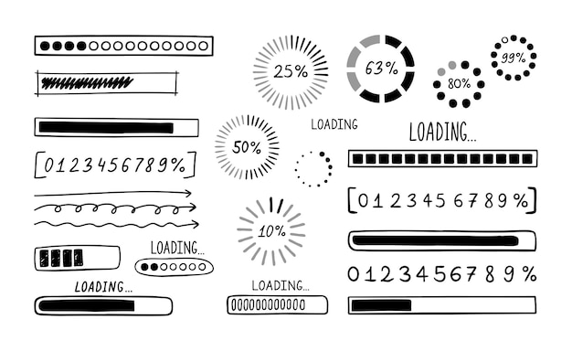 Loading bar doodle set Hand drawn element line loading sketch style Slow isolated download speed progress status and internet load bar concept