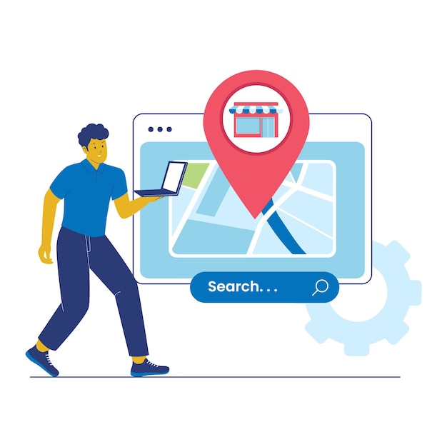Local SEO Search with Map Store Pin and Businessman Using Laptop Illustration