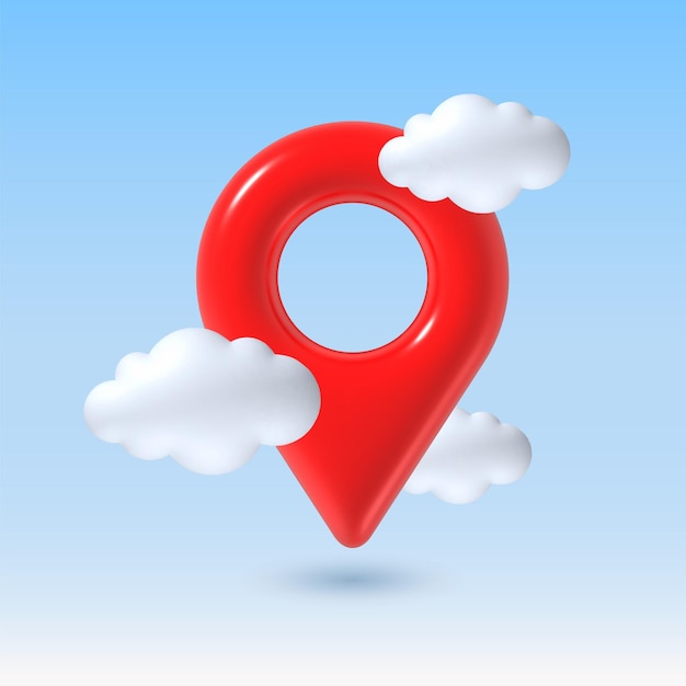 Location 3d pin Red map pin in blue sky with white cloud Realistic place marker navigation GPS pointer Vector travel and destination concept in 3D rendering soft style