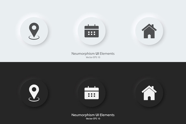 Location date address icon Web icon set A set of black and white round buttons with location date and address symbols 3D Neumorphism design style for Apps Websites UI UX Vector illustration