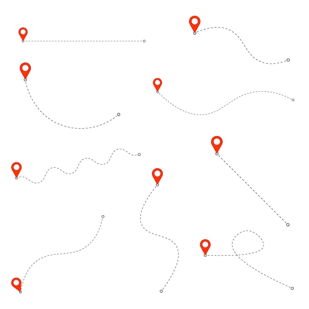 Location pin and direction routes dotted line set