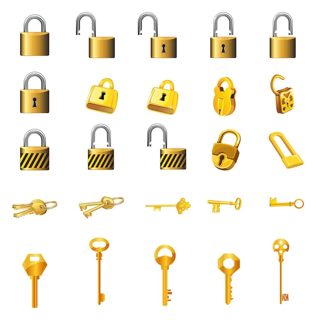 lock and keys set. Padlock set with keys. set of locks with keys. golden lock and keys set.