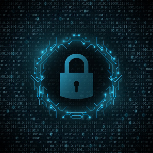 Lock icon in frame of circuit computer board with glowing binary code background. System security and protection from hackers. Programming design.