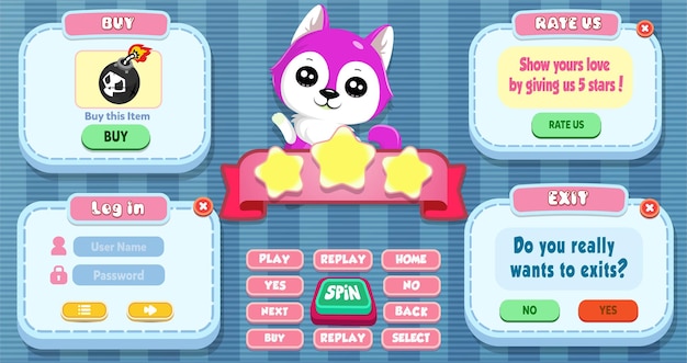 log in, rate us, buy and exit menu pop up with buttons and cat