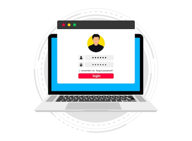 Login form on a computer. Online registration. Sign in to account. User authorization in a window on the laptop. login authentication page concept. Laptop with login and password form page on screen