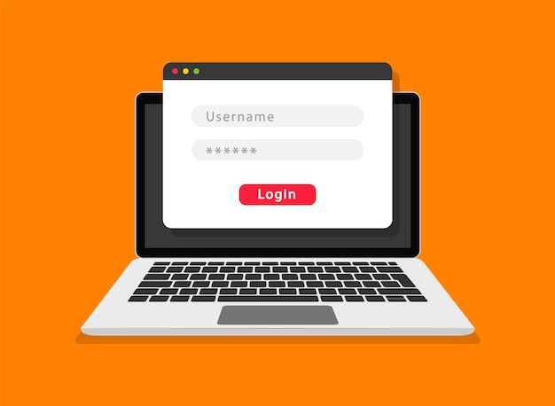 Login form on laptop screen. Login and password form page. Account login user. Sign in to account. Username and password fields for authorization. Flat design.  illustration.