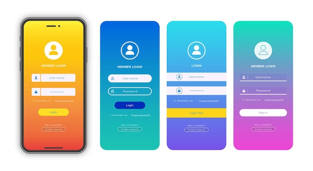 login form page template set on gradient background for app development smartphone mockups website ui elements online login form registration user profile access to account vector 10 eps