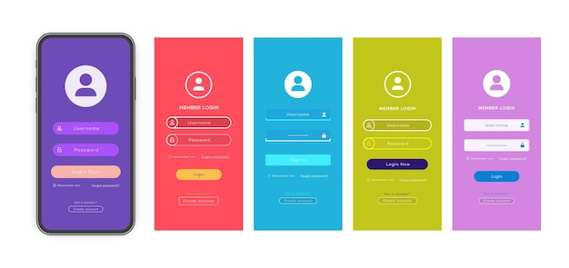 login form page vector set with trendy flat color background for app development smartphone mockups website ui elements online login form registration user profile access to account 10 eps