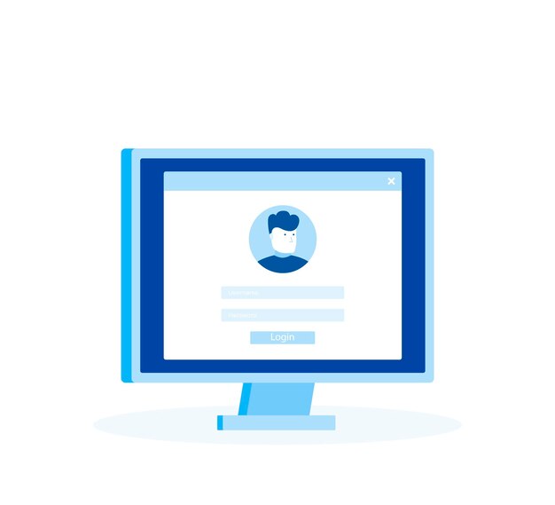 Login page on computer screen. Notebook and online login form, sign in page. User profile, access to account concepts. Modern flat style vector illustration.