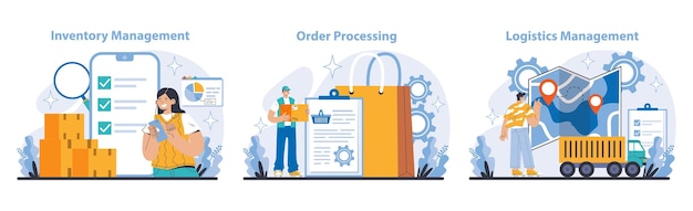 Logistics and inventory management set detailed depiction of inventory checks order fulfillment and