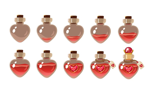 Love potion . Game icon of magic elixir. Vector design for app user interface. Heart bottles with different liquid level. Isolated on white background.