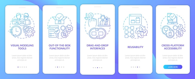 Low code platforms blue gradient onboarding mobile app screen Web 3 0 walkthrough 5 steps graphic instructions pages with linear concepts UI UX GUI template Myriad ProBold Regular fonts used