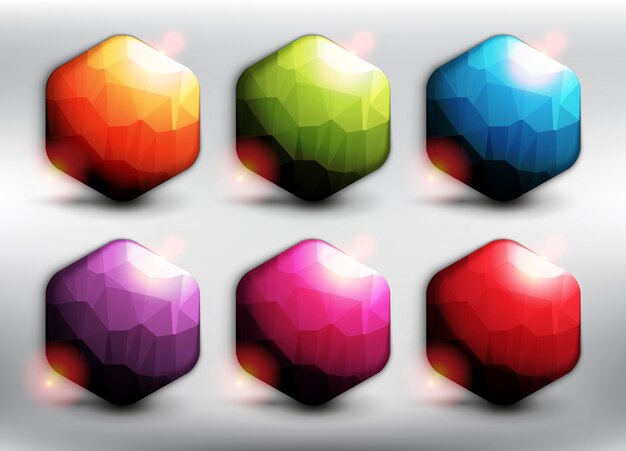 low poly style hexagonal banners in 6 different colors. hexagonal web buttons. isolated on the white background.  