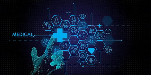 Low polygon Doctor hand with stethoscope and Ui icon medical in hospital with medical technology