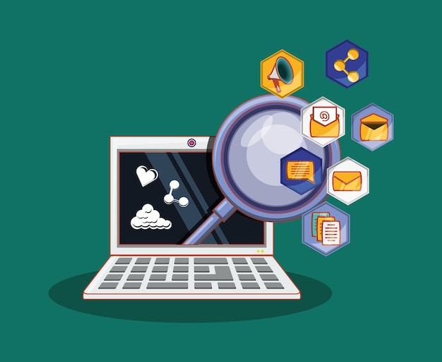 lupe and laptop computer with social media related icons