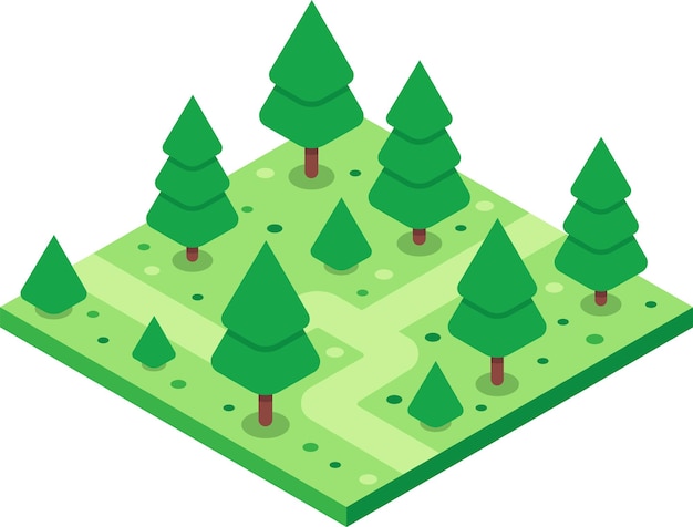 Lush green meadow with growing pine trees forming a serene forest landscape in isometric projection ideal for environmental or nature related projects