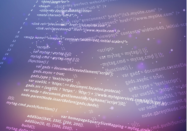 Mã html phức tạp màu trắng trên nền mờ