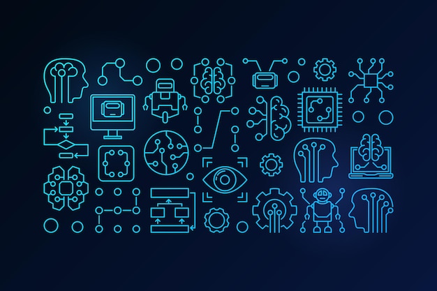 Machine learning and artificial intelligence vector blue illustration on dark background