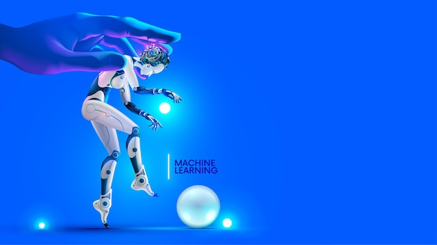 Machine learning conceptual illustration Developer trains artificial intelligence Digital technology art Robot with AI in hand programmer Neural network in image cyborg woman training on datum