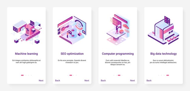 Machine learning, programming code data technology UX, UI mobile app page screen set