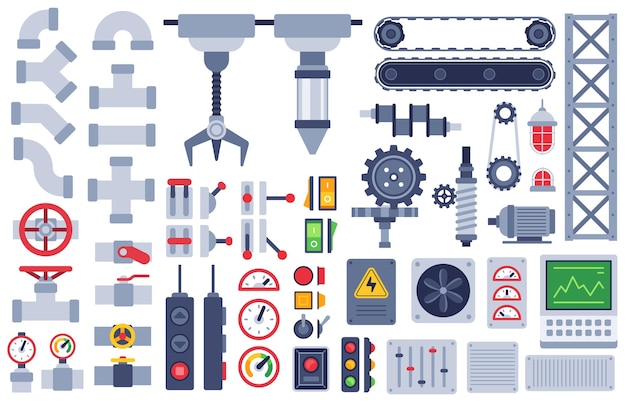 machine parts. auto technical mechanisms, gear equipment, engine. pinion and motor, shaft, joints industry machinery flat vector set. pieces for automatic construction as buttons, switches, knobs