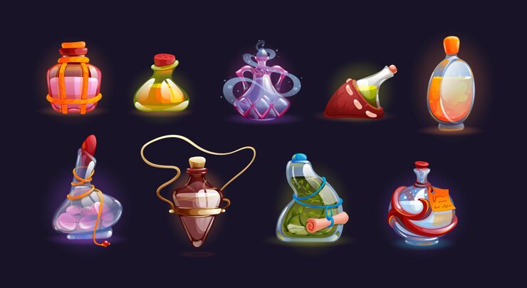 Vector magic bottle jars with colorful liquids poison, antidote, elixir