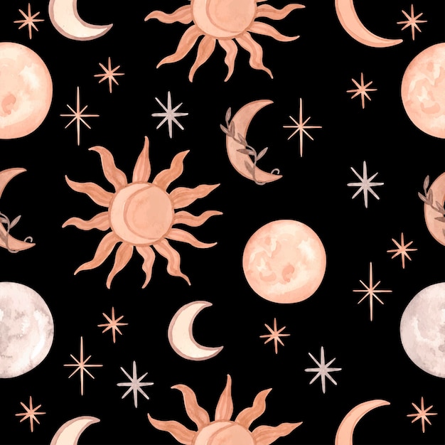 Magic night pattern with stars, moon and sun on black background. Vector illustration
