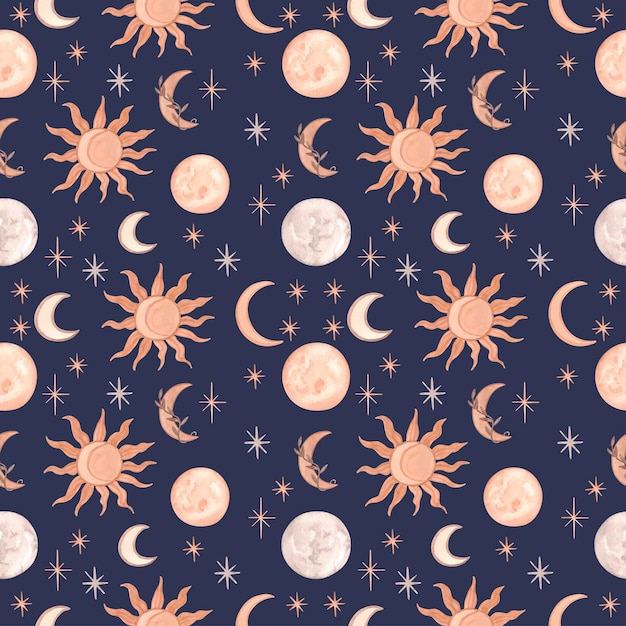 Magic night pattern with stars, moon and sun on dark blue background. Vector illustration