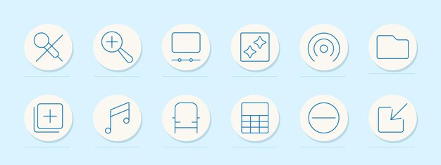 Magnify and tools set icon Magnifying glass cross focus folder note music pie chart file radio waves Represent searching organizing and editing tools