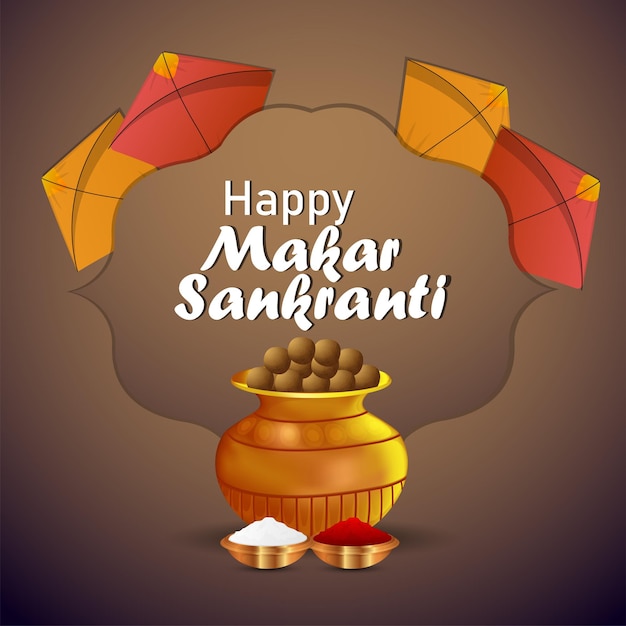 Makar sankranti creative poster with colorful kites and string spool