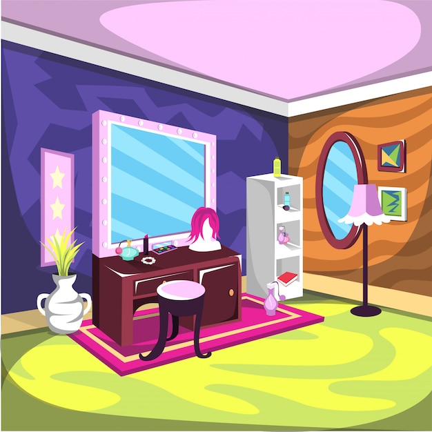 Make up Room with Large Mirrors and Cosmetics 