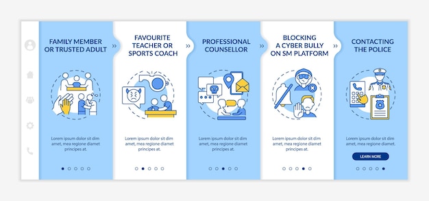 Making cyberbullying complaint onboarding vector template. Responsive mobile website with icons. Web page walkthrough 5 step screens. Professional counselling color concept with linear illustrations