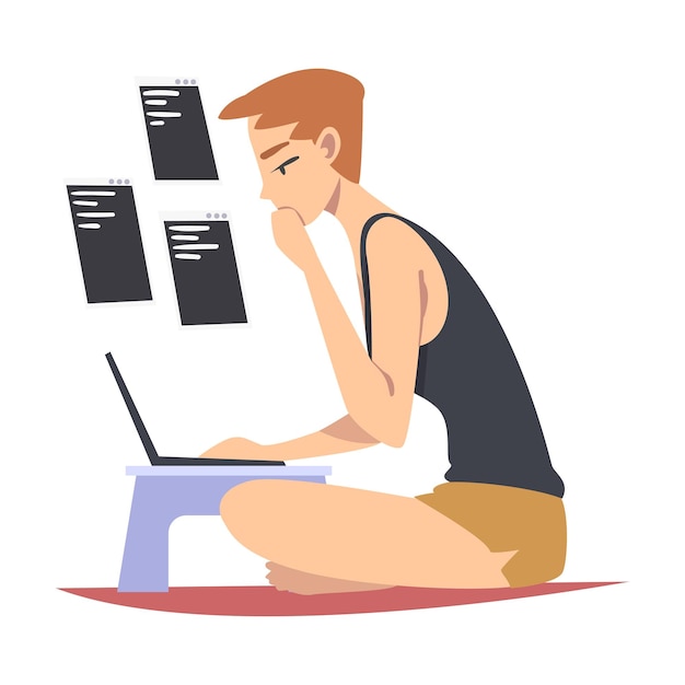 Male as Software Developer or Programmer Engaged in Coding in Serverside Framework on Laptop Vector Illustration
