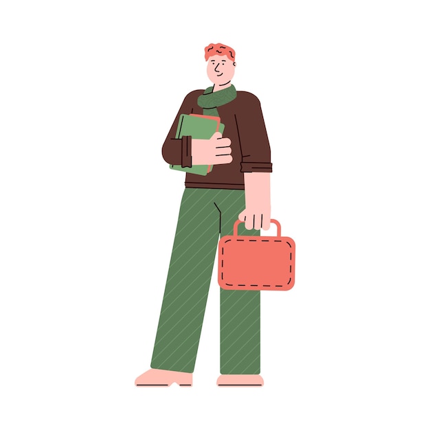male cartoon student standing holding books and bag