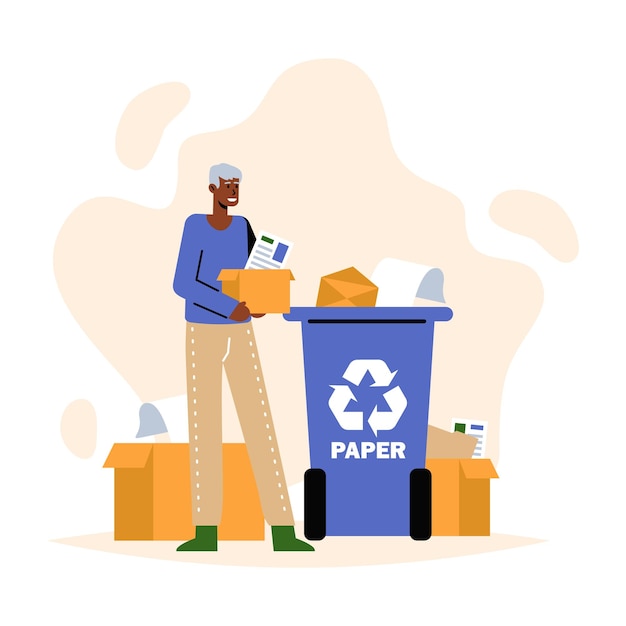 Male holding box with books and paper and sorting Choice between garbage sorting and not sorting