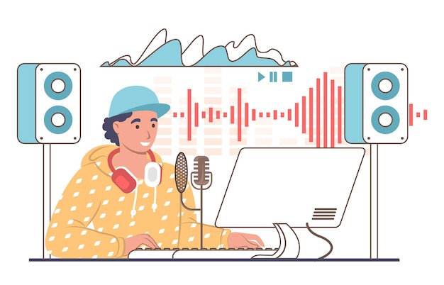 Male sound designer or engineer creating sound tracks in studio, flat vector illustration. Professional music production equipment.
