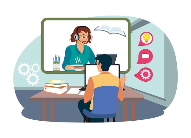 Male students use virtual video conferencing on laptop computers and study at home