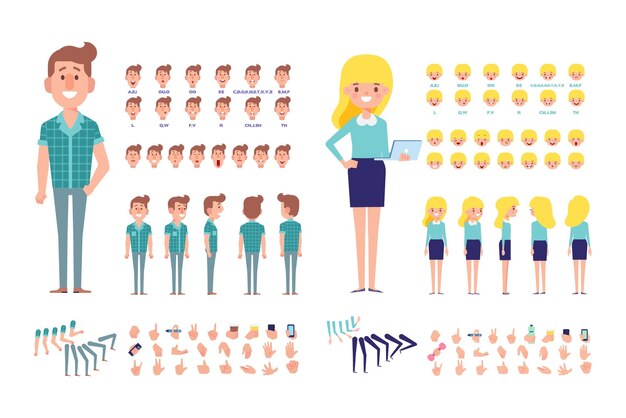 man and woman front side back view flat vector character for animation