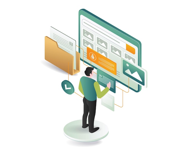 Man arranging digital data on screen for portfolio