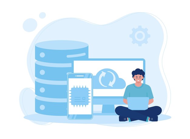 man backups data in cloud concept flat illustration