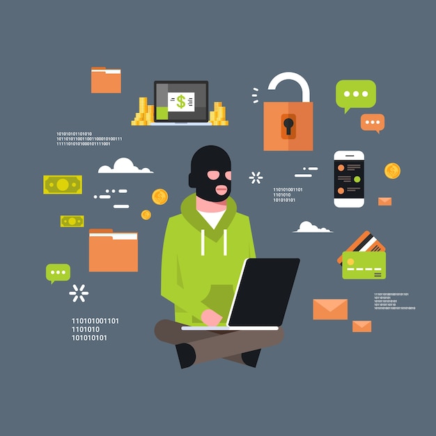 Man Black Mask Sitting At Computer 