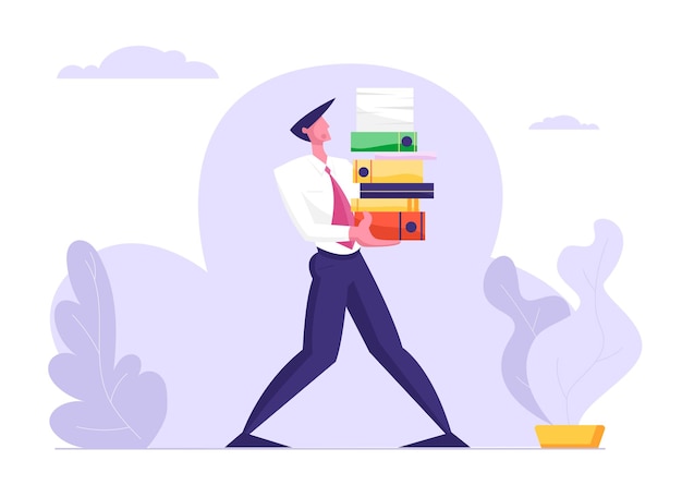 man carry huge steak of documents folders