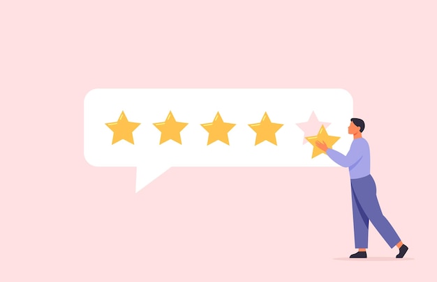 man character giving five star feedback. client evaluating product, service.