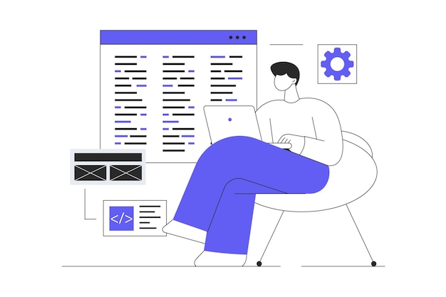 Man Character works on laptop and programs in programming languages Software Development