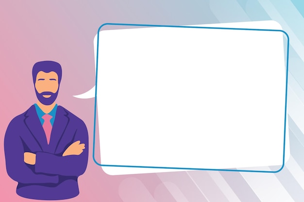 man crossing hands illustration standing with speech bubble delivering a message businessman