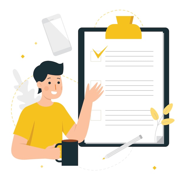 man explaining todolist agenda flat cartoon design vector illustration