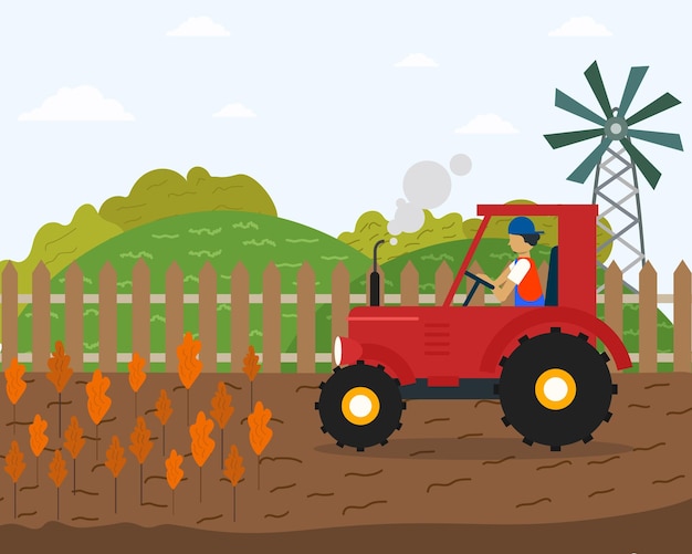 Man farmer driving tractor Flat cartoon character working in farm using agricultural machinery