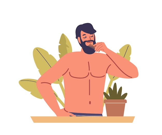 Man Grooming His Beard With A Brush Character Appears Relaxed And Content