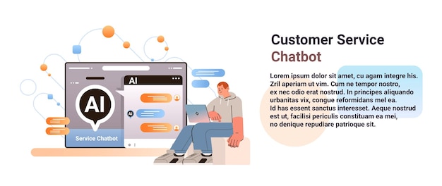 Man having dialog with chat bot asking questions and receiving answers ai chatbot assistance customer service concept